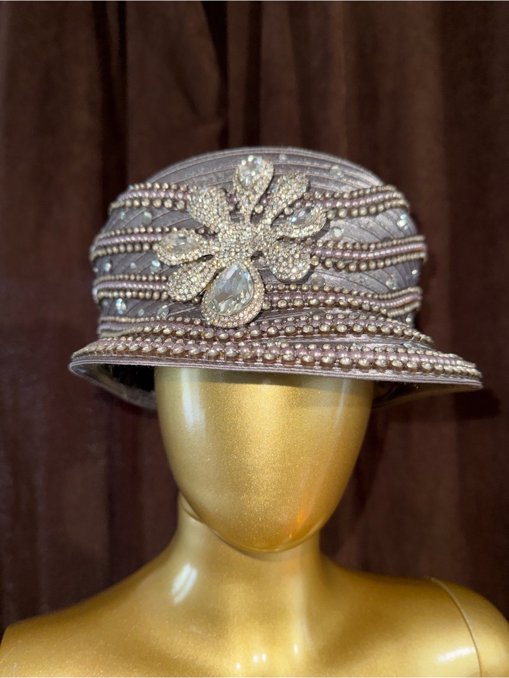 Pearl & Crystal Embellished Bucket Hat - Taupe